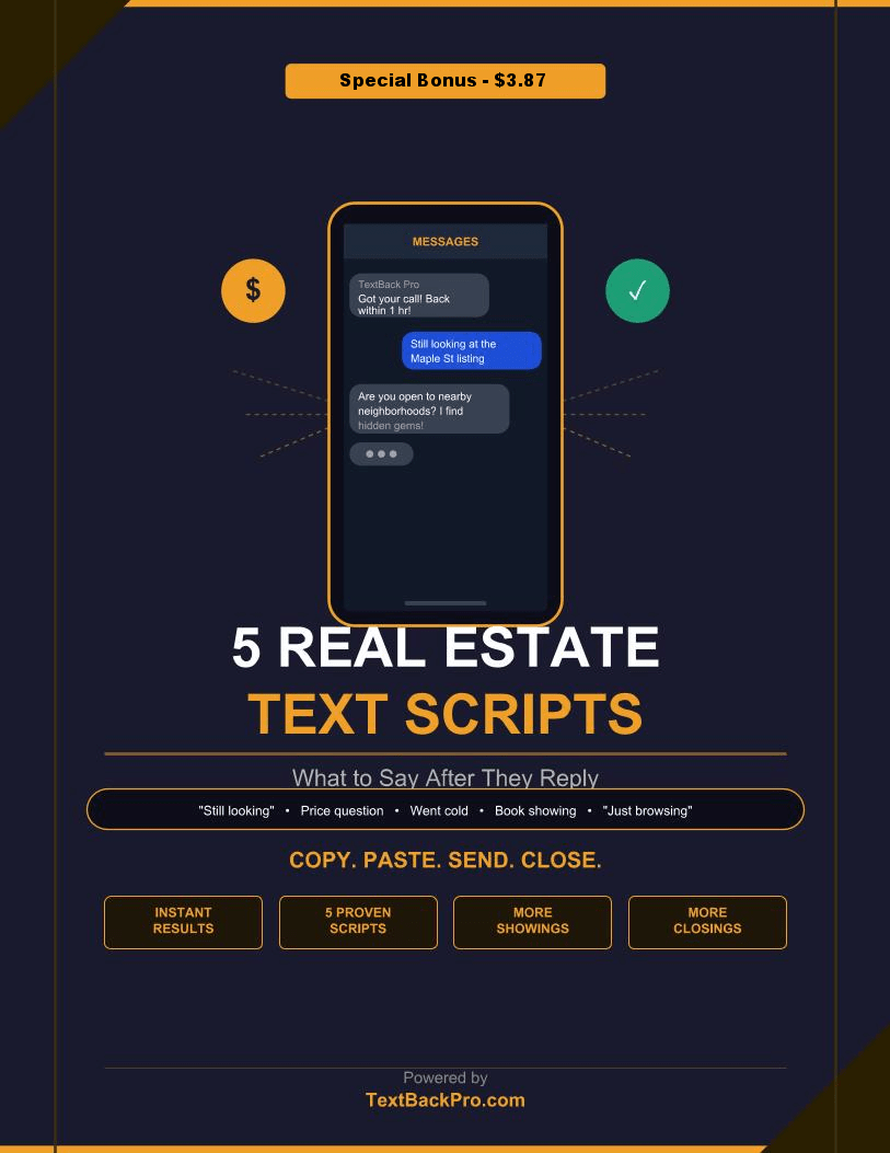 textback pro 5 real estate agents scripts to text back to client. textbackpro.com